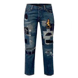 Polo Ralph Lauren Avery Patchwork Boyfriend Jeans, Blue Denim Lion Crest Size 25